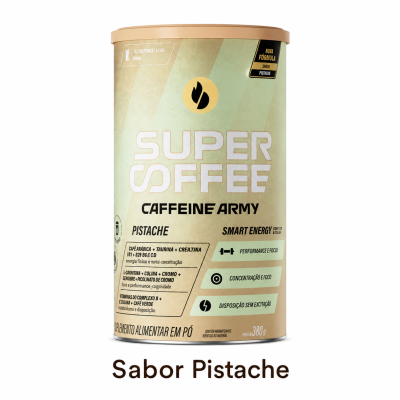 Embalagem de suplemento Super Coffee Caffeine Army sabor pistache em fundo branco