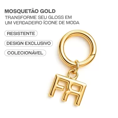 Mosquetão dourado com pendente letras FA e texto promocional em português