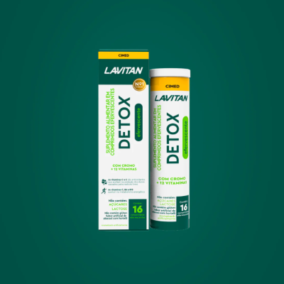 Embalagem e tubo do suplemento alimentar LAVITAN DETOX efervescente branco com verde e amarelo