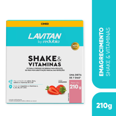 Embalagem do Shake & Vitaminas Lavitan by Redubio com 210 g e ilustração de morangos