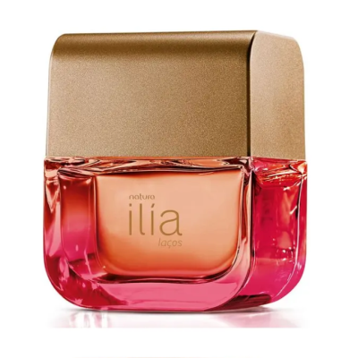 Frasco de perfume rosa e dourado com texto natura ilía laços