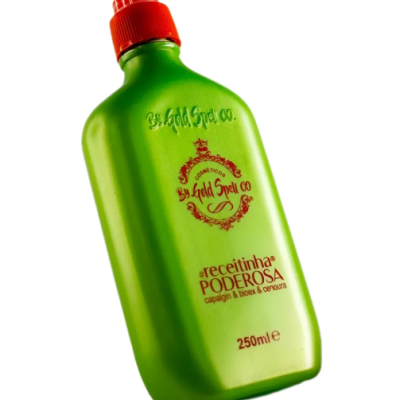 Frasco verde com tampa vermelha e texto vermelho de produto cosmético