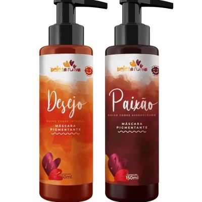 Embalagens de máscara pigmentante dos produtos Desejo e Paixão da marca beleza ruiva.