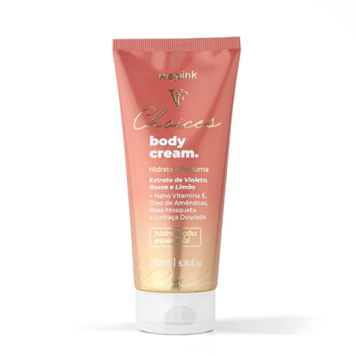 Tubo cor de rosa de creme corporal VF Choices da marca wepink com tampa branca