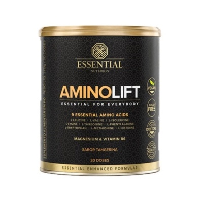 Embalagem preta e dourada de suplemento AminoLift, 30 doses, sabor tangerina.