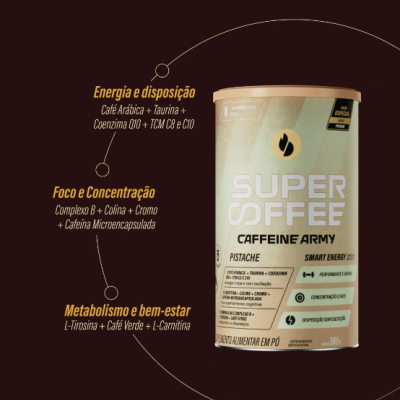 Embalagem de produto em pó Super Coffee Caffeine Army sabor Pistaque, 300g, com informações sobre ingredientes e benefícios