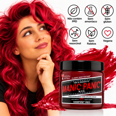 Pote de creme de coloração para cabelo vermelho vibrante MANIC PANIC ao lado de mulher com cabelo vermelho ondulado e longo