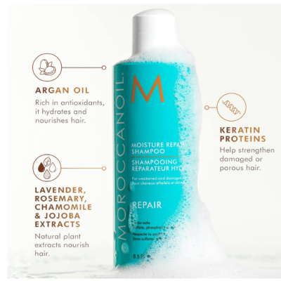Frasco azul turquesa de champô Moroccanoil com espuma e texto dos ingredientes