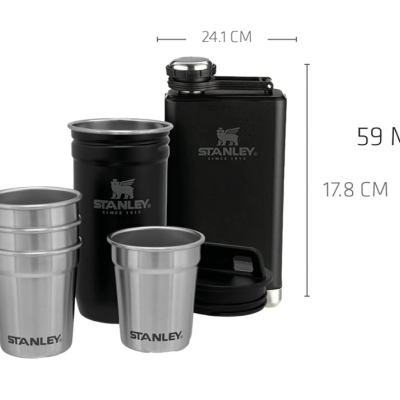 Conjunto de garrafa preta e seis copos com logo STANLEY