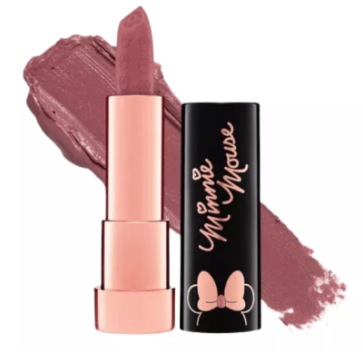 Batom rosa velho com estojo preto decorado Minnie Mouse e laço rosa