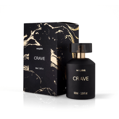 Frasco e embalagem do perfume CRAVE da wepink em preto com detalhes dourados