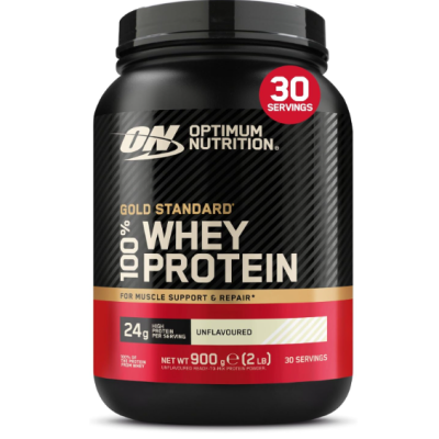 Frasco preto de suplemento proteico Optimum Nutrition com 30 porções e rótulo preto, dourado e vermelho