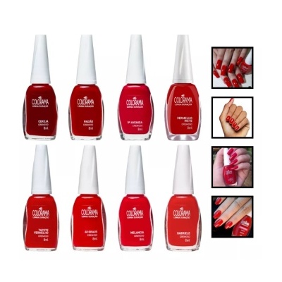 Oito vernizes de unhas Colorama em tons de vermelho com imagens de unhas pintadas à direita