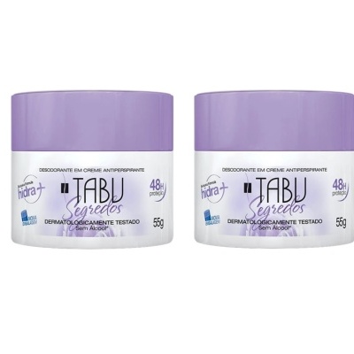 Dois frascos brancos com tampa lilás de desodorizante TABU Segredos