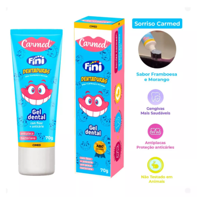 Gel dental Carmed Fini Dentaduras em tubo azul e caixa com sorriso vermelho