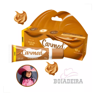 Creme Carmed sabor doce de leite com embalagem amarela e castanha e imagem de menina com chapéu cor de rosa