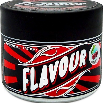 Pote preto com etiqueta vermelha e preta para manteiga de tatuagem sabor cereja