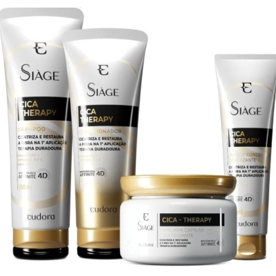 Produtos capilares Eudora Siàge Cica Therapy em tubos e pote, cores branco, dourado e preto.