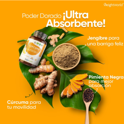 Suplemento de cúrcuma com gengibre e pimenta preta sobre folhas verdes em fundo laranja com texto em espanhol.