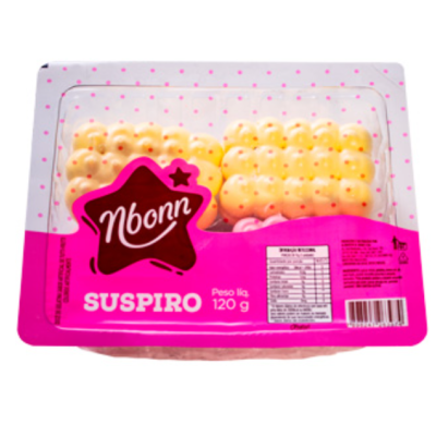 Embalagem plástica com suspiros amarelos e rótulo rosa com texto Nbonn Suspiro