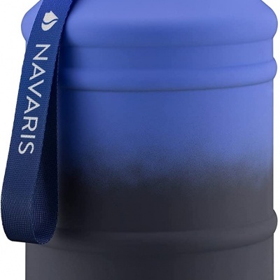 Garrafa desportiva azul e preta com alça azul e tampa preta