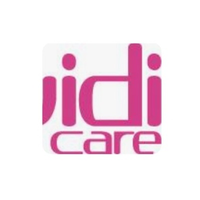 Logótipo com texto 'vidi care' cor rosa fundo branco