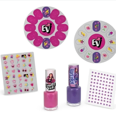 Conjunto de vernizes rosa e roxo com autocolantes e discos decorativos para unhas