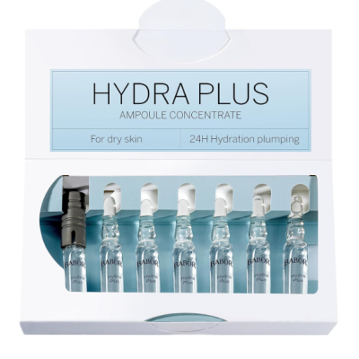 Caixa branca com ampolas transparentes de sérum HYDRA PLUS da BABOR