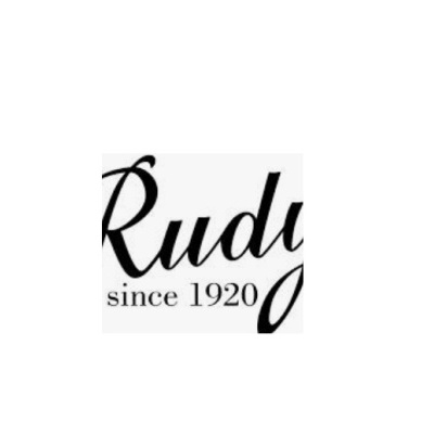 Texto Rudy since 1920 em fonte preta sobre fundo branco