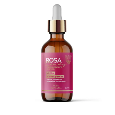 Frasco âmbar com rótulo rosa do hidratante corporal ROSA luxury
