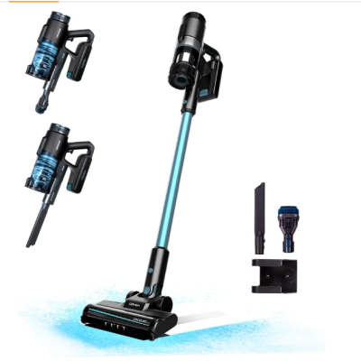 Aspirador vertical sem fio preto com azul metálico e acessórios