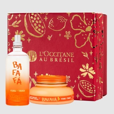 Conjunto de produtos L'Occitane AU BRÉSIL com frasco spray e pote em tons de laranja e embalagem vermelha