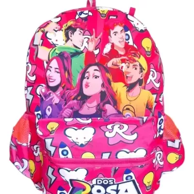 Mochila escolar rosa com personagens e rodinhas cor-de-rosa