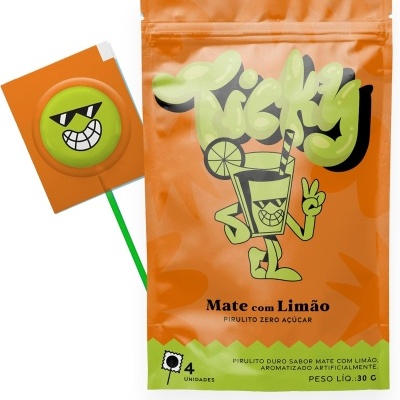 Embalagem laranja e verde de pirulitos sabor mate com limão
