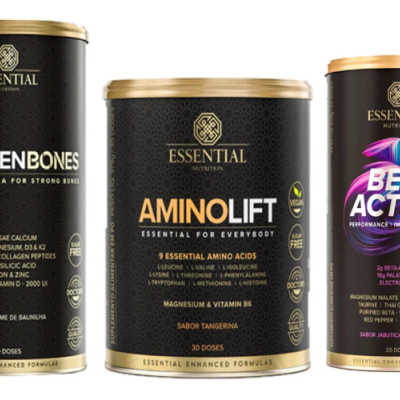 Três suplementos alimentares Essential Nutrition: Collagen Bones, Amino Lift, Beta Action em embalagens cilíndricas pretas com detalhes dourados