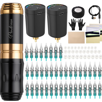 Kit completo para tatuagem com máquina preta e dourada, agulhas, luvas e acessórios