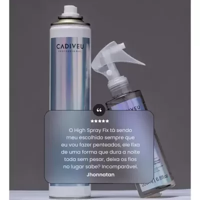 Dois frascos de produtos de beleza Cadiveu Professional, um aerossol prateado e outro transparente com spray.