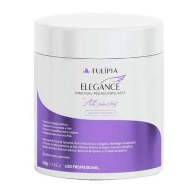 Embalagem branca con rotulo roxo de peeling esfoliante Elegance da Tulípia