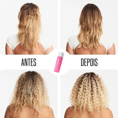 Comparação antes e depois de cabelo com produto branco e rosa