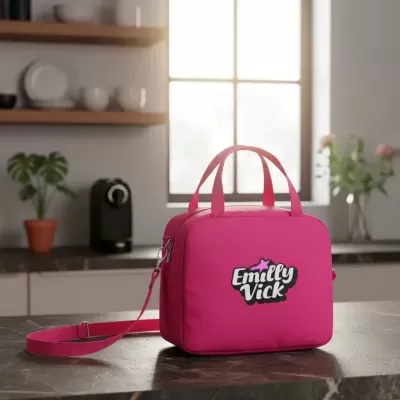 Mala rosa quadrada com alças e frase Emilly Vick em bancada de cozinha