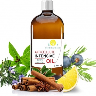 Frasco de óleo anti-celulite intenso com especiarias e frutas ao redor