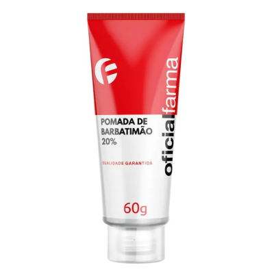Tubo de pomada de barbatimão vermelho e branco com texto e marca oficialfarma