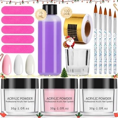 Kit de produtos para unhas acrílicas com pó, pincéis, moldes e frascos