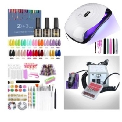 Kit completo para unhas com vernizes, lâmpada LED, ferramentas e aparelho elétrico.