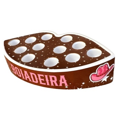 Suporte de madeira castanho com buracos e texto BOIADEIRA