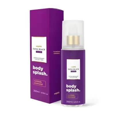 Frasco e caixa de body splash roxos com texto em branco e dourado