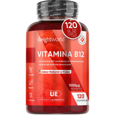 Frasco de Vitamina B12 WeightWorld vermelho com 120 gominolas sabor fresa
