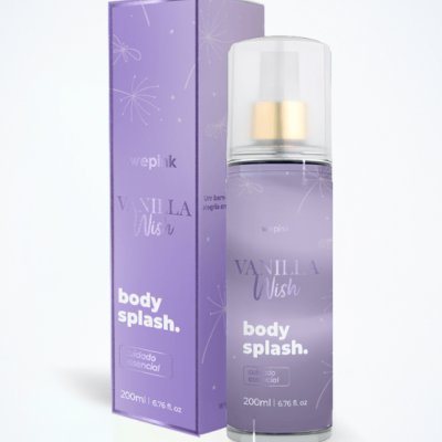 Frasco de body splash lilás com embalagem lilás ao lado