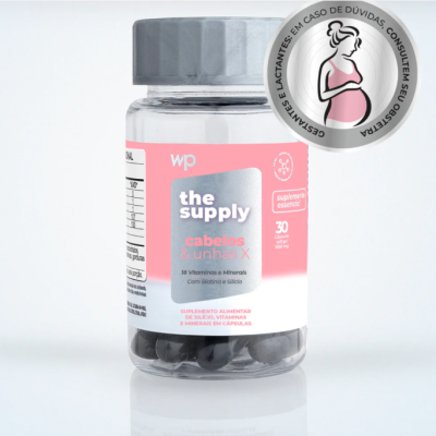 frasco transparente com cápsulas pretas e rótulo rosa e branco para suplemento de cabelo e unhas