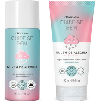 Embalagens coloridas azul, rosa e branca de óleo hidratante e loção desodorante da linha Cuide-se Bem Nuvem de Alegria